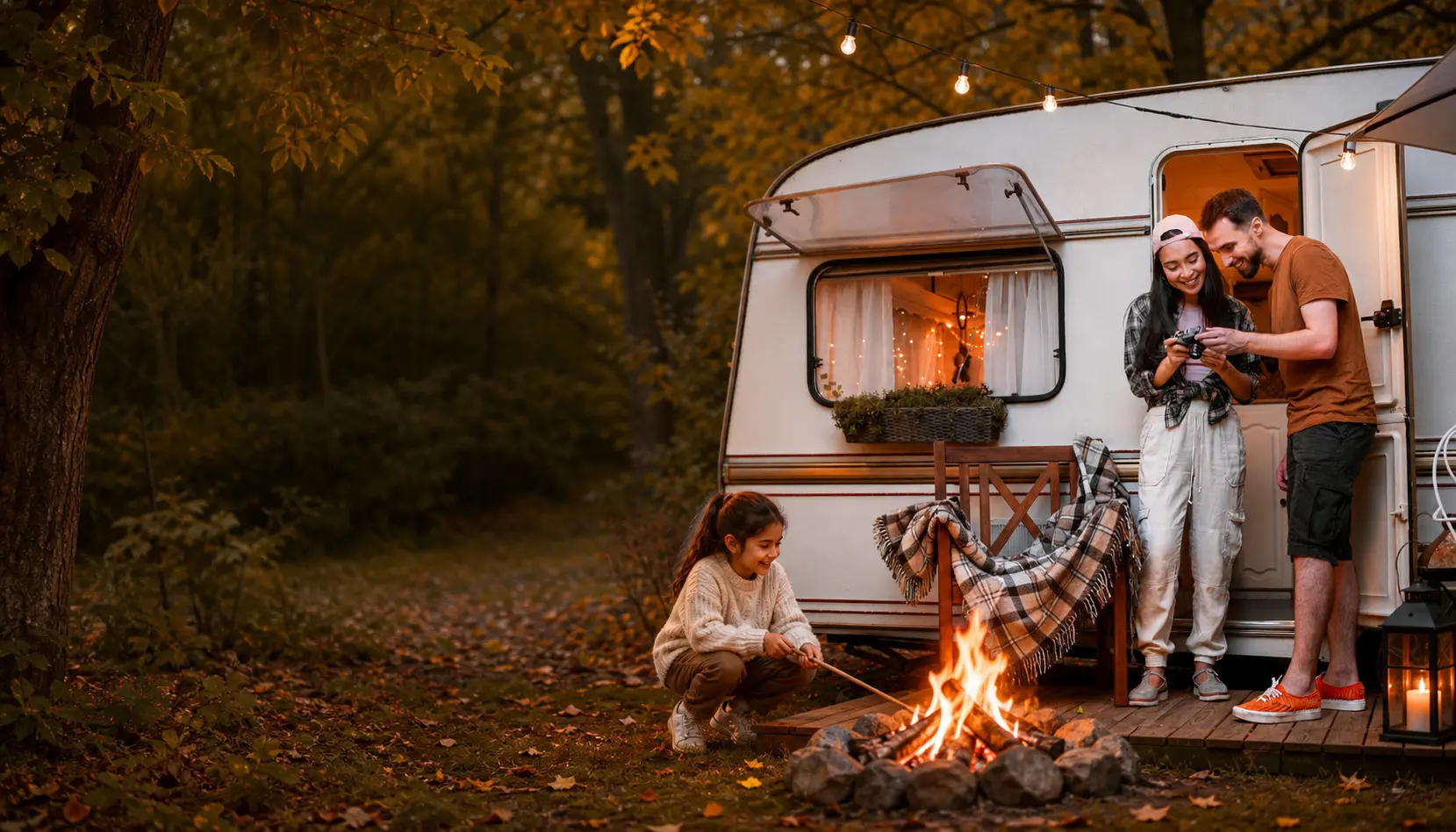 Family enjoying a campfire beside their RV